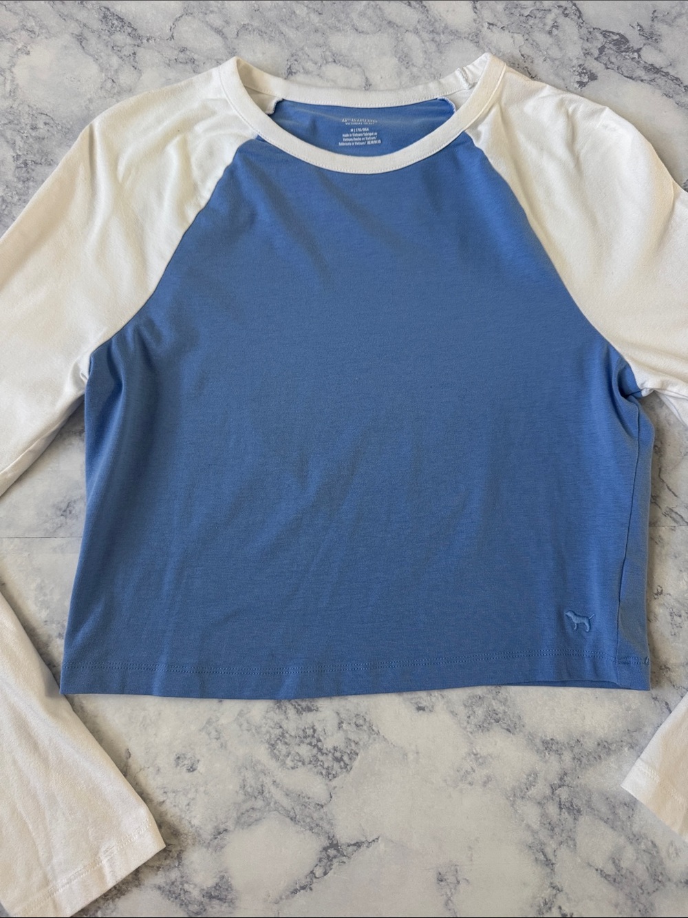 PINK Victoria's Secret Blue White Raglan Baseball Tee Long Sleeve Shirt Top Med